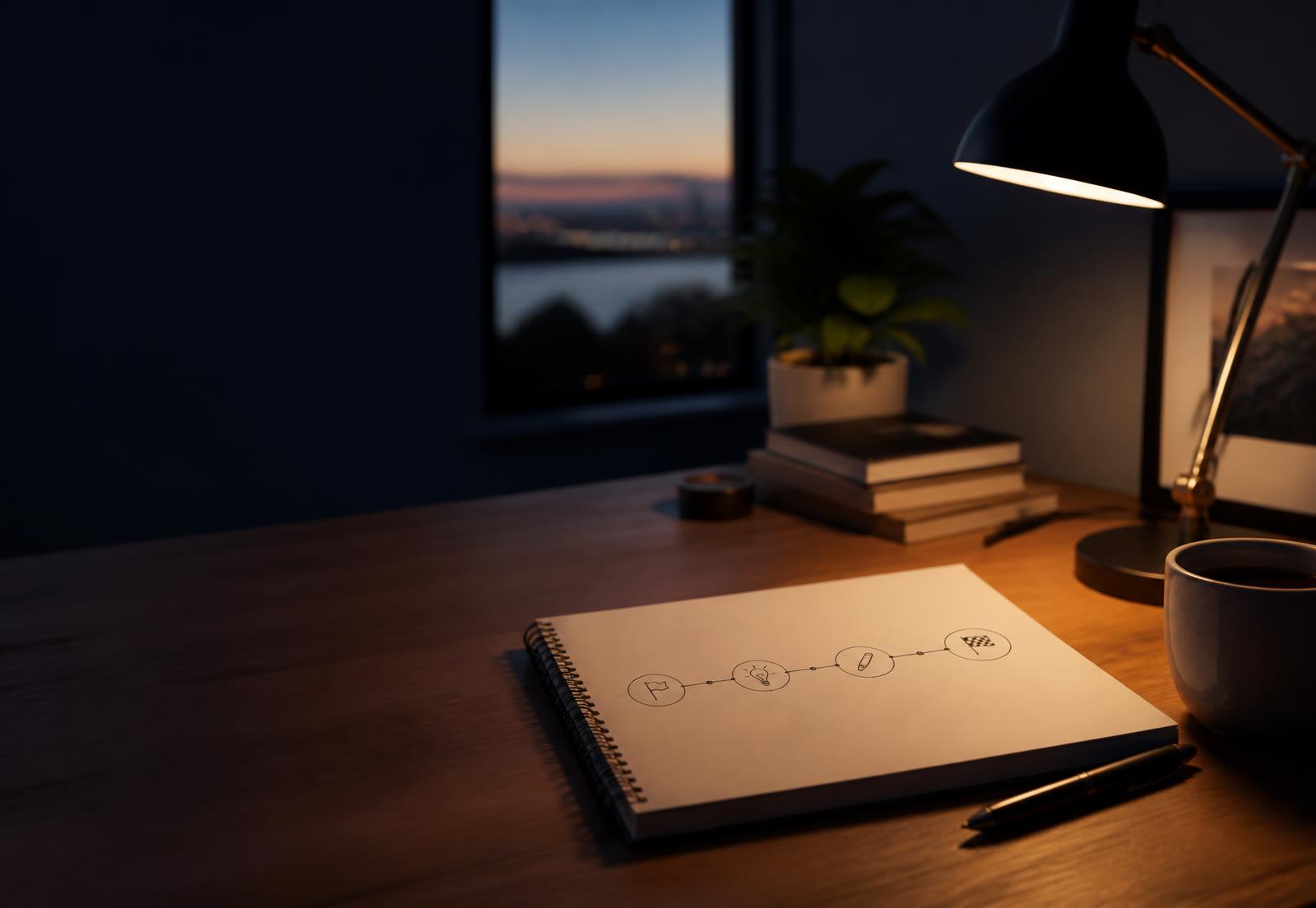 A notebook on a desk showing a simple plan drawn as a sequence of steps